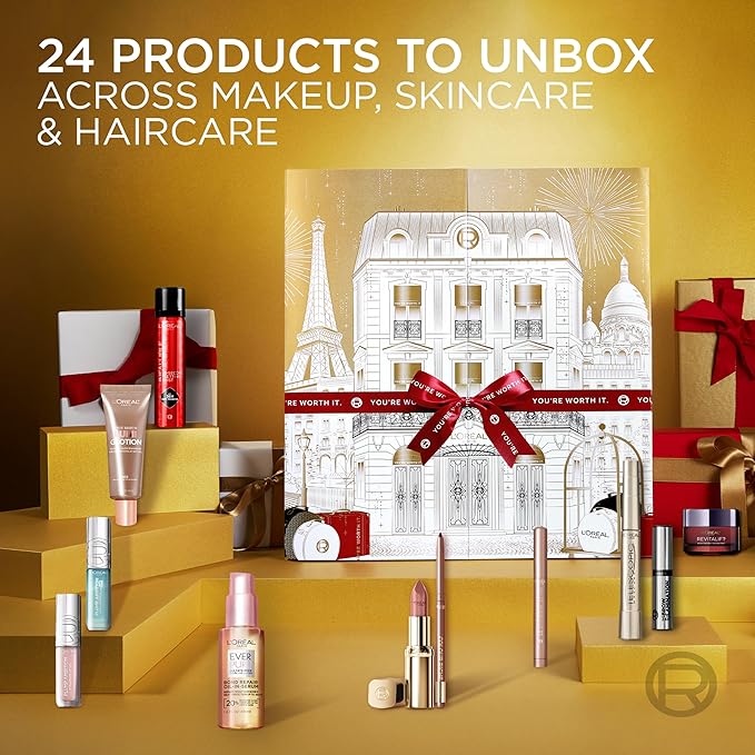 L'Oreal Paris 24 Day Beauty Advent Calendar 2025, Holiday Gift Set Includes Deluxe-Sized and Miniature Makeup, Skincare and Haircare Products