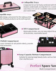 AROUS 5 in 1 Rolling Makeup Train Case Cosmetology Case on Wheels Large Cosmetic Organizer Travel Cart for Hairstylist Artist Nail Beauty Salon Barber,Pink