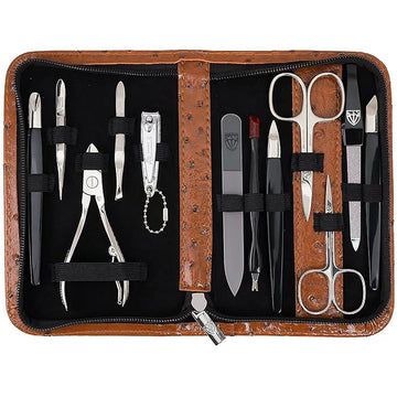 3 Swords Germany – brand quality 12 piece manicure pedicure grooming kit set for professional finger & toe nail care with ostrich synthetic leather case - Made in Germany
