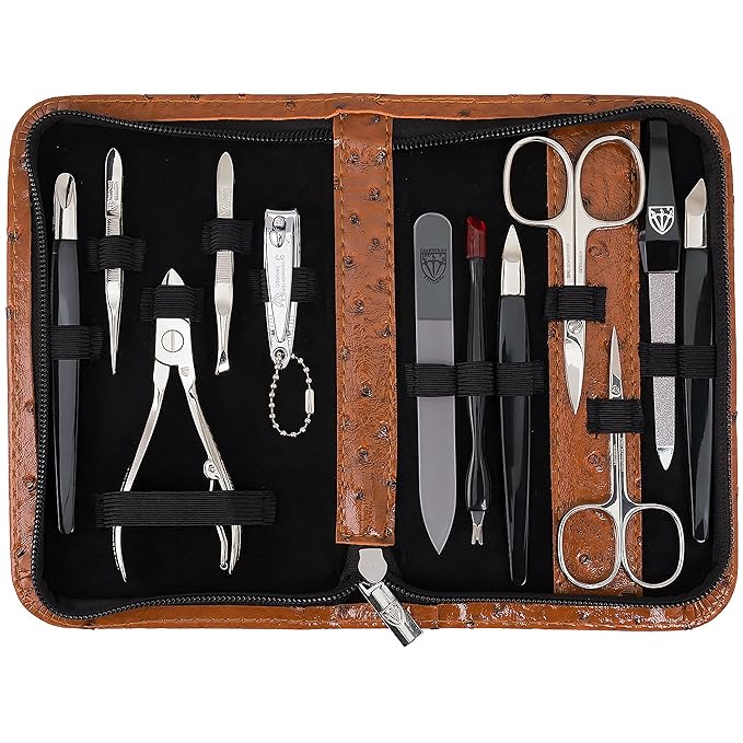3 Swords Germany – brand quality 12 piece manicure pedicure grooming kit set for professional finger & toe nail care with ostrich synthetic leather case - Made in Germany