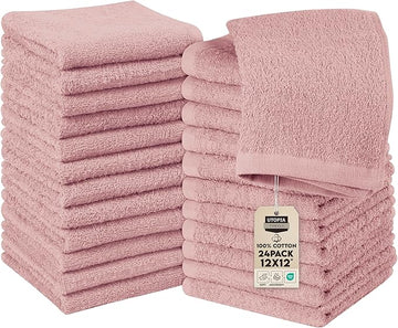 Utopia Towels 24 Pack Cotton Washcloths Set, 100% Ring Spun Cotton, Premium Quality Flannel Face Cloths, Highly Absorbent and Soft Feel Fingertip Towels, Dusty Pink