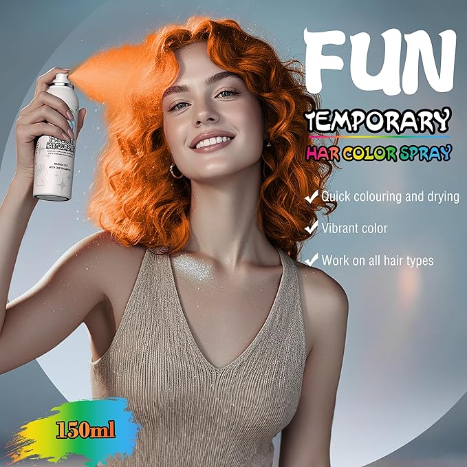 Temporary Hair Color Spray for Adults - Instant Orange Hair Dye Alternative, Washable & Non-Sticky, Gentle Formula for Halloween, Cosplay, Party, Costume Makeup (150ml)