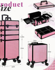 AROUS 5 in 1 Rolling Makeup Train Case Cosmetology Case on Wheels Large Cosmetic Organizer Travel Cart for Hairstylist Artist Nail Beauty Salon Barber,Pink