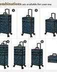 Profesional Rolling Makeup Train Case with Lid, 5 in 1 Cosmetology Case on Wheels, Large Cosmetic Trolley Organizer Travel for Hairstylist Artist Nail Beauty Salon Barber, Blue