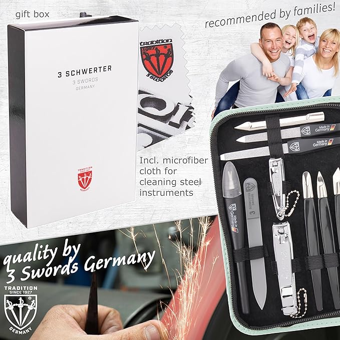 3 Swords Germany - brand quality 16 piece manicure pedicure grooming kit set fashion leather case mint, Made in Germany