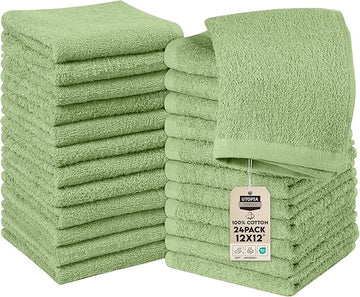 Utopia Towels 24 Pack Cotton Washcloths Set, 100% Ring Spun Cotton, Premium Quality Flannel Face Cloths, Highly Absorbent and Soft Feel Fingertip Towels, Sage Green