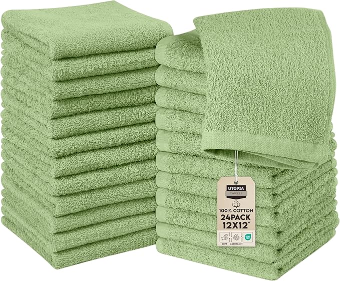 Utopia Towels 24 Pack Cotton Washcloths Set, 100% Ring Spun Cotton, Premium Quality Flannel Face Cloths, Highly Absorbent and Soft Feel Fingertip Towels, Sage Green