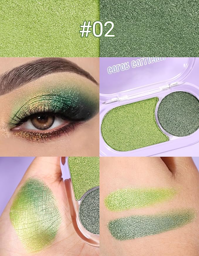 Erinde Green Eyeshadow Palette Duo - Bright Dark Green Shimmer Metallic Glitter Eye Shadow Makeup Palette, Long Lasting Waterproof Blendable Crease & Smudge Proof Forest-Green Christmas Makeup, 02