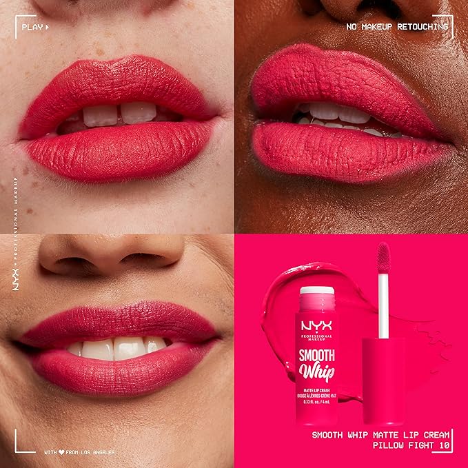 NYX PROFESSIONAL MAKEUP Smooth Whip Matte Lip Cream, Long Lasting, Moisturizing, Vegan Liquid Lipstick - Pillow Fight (Hot Fuschia)