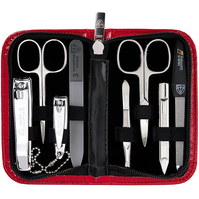 3 Swords Germany - brand quality 8 piece manicure pedicure grooming kit set synthetic leather case red - Made in Germany