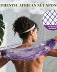 African Net Sponge Authentic, 3 Pieces Exfoliating Scrubber Bath Sponge for All Skin Types, Back Scrubber Loofah Washcloth for Shower, Gentle Exfoliation, Gift 1 Travel Bag (Purple, Pink, Dark Green)