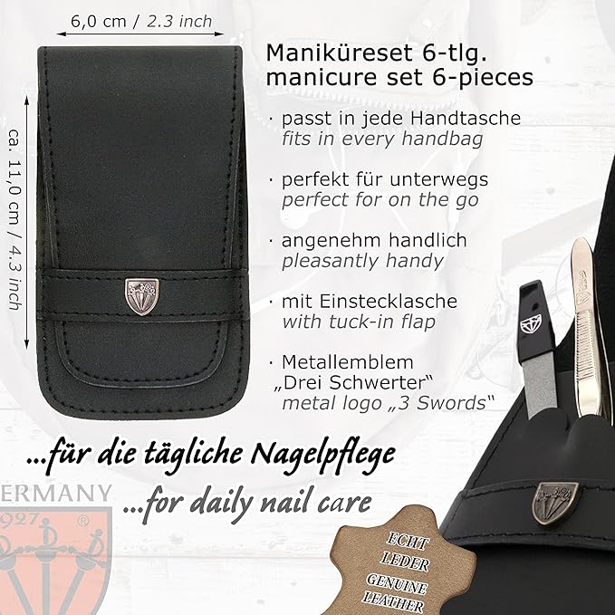 3 Swords Germany - brand quality 6 piece manicure pedicure grooming kit set for professional nail care with genuine leather case - Made in Germany