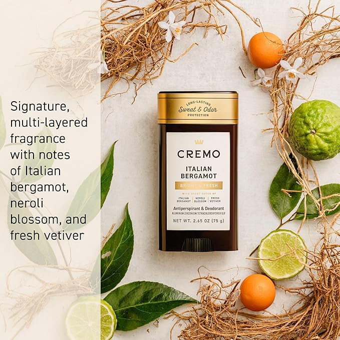 Cremo Italian Bergamot Antiperspirant & Deodorant for Men, 48-hour Sweat and Odor Protection, 2.65oz
