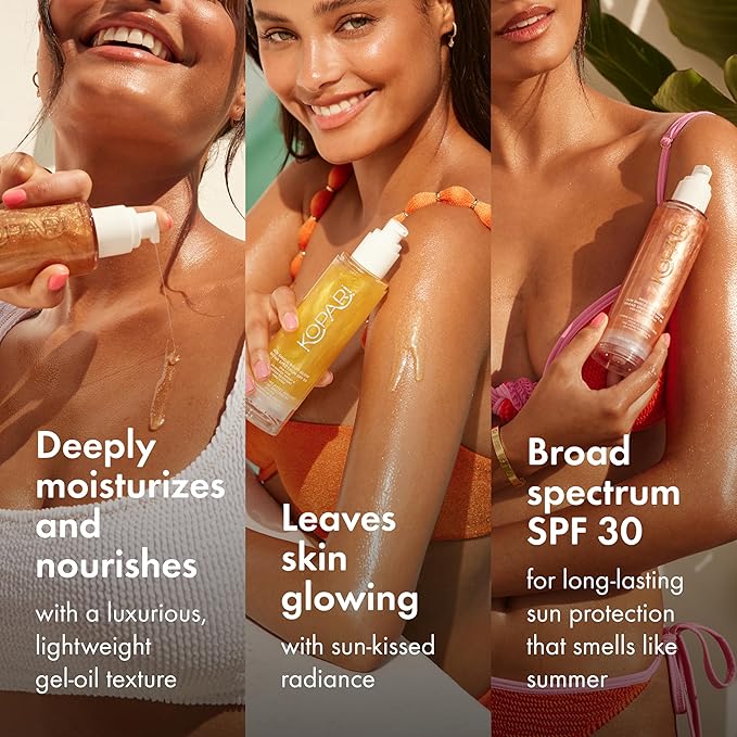 Kopari Sun Shield Body Glow, Broad Spectrum SPF 30, Lightweight Shimmering Gel Texture Absorbs Quickly, Non Sticky, Glowing Results, Golden Amber 5 oz