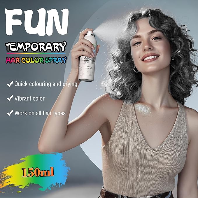 Temporary Hair Color Spray for Adults & Kids - Instant Silver Gray Dye Alternative | Non-Sticky, Washable & Gentle Formula | Party, Halloween, Costume Makeup (150 ml)