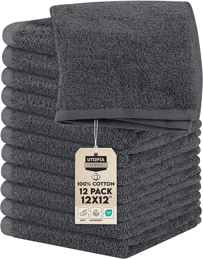 Utopia Towels 12 Pack Cotton Washcloths Set, 100% Ring Spun Cotton, Premium Flannel Face Cloths, Highly Absorbent and Soft Feel Fingertip Towels, Grey