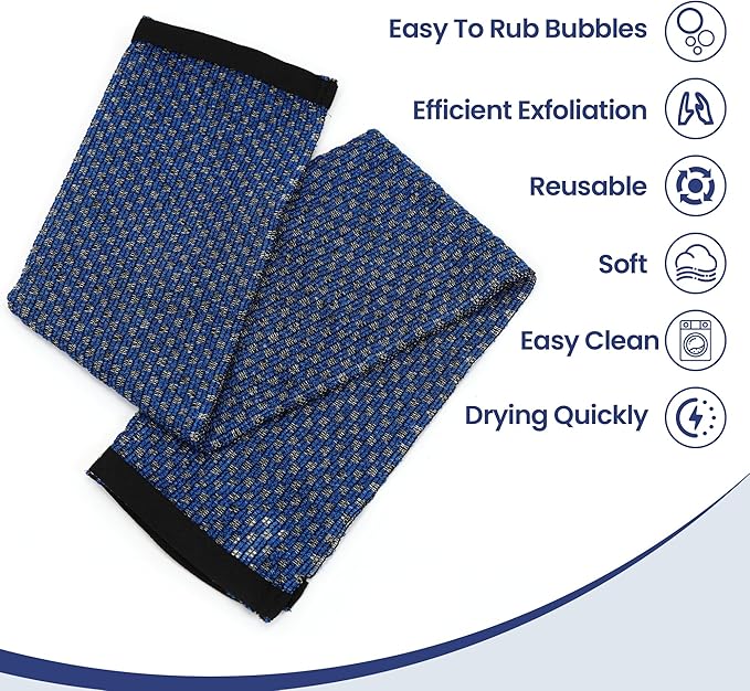 Japanese-style exfoliating bath towel and towel set (2 pieces) - loofah, durable and quick-drying, extra-long design, skin-friendly material, mesh design, suitable for all skin types - 1 blue, 1 black