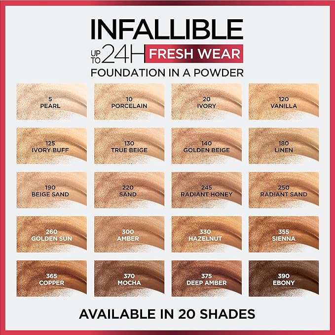 L’Oréal Paris Makeup Infallible Fresh Wear Foundation in a Powder, Up to 24H Wear, Waterproof, Beige Sand, 0.31 oz.