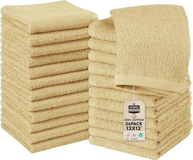 Utopia Towels 24 Pack Cotton Washcloths Set, 100% Ring Spun Cotton, Premium Quality Flannel Face Cloths, Highly Absorbent and Soft Feel Fingertip Towels, Beige