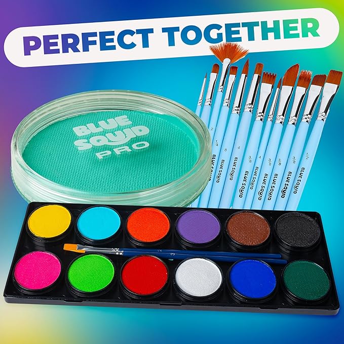 Blue Squid Face Paint Water Based Single Cake Professional Face Paint & Body Paint - Water Activated, Kids Adults Face Painting for Costume, Halloween Makeup, Cosplay - Neon Teal Face Paint 30g