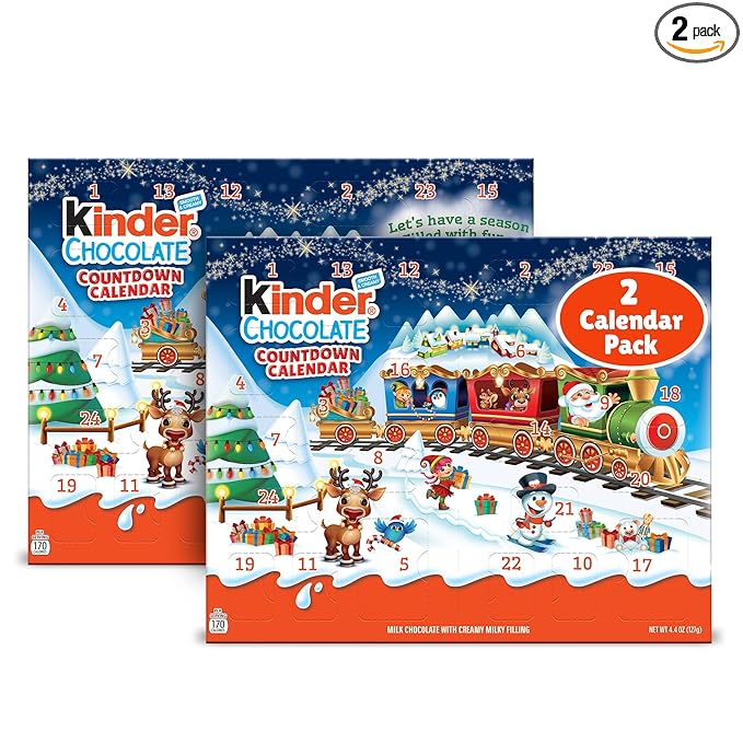 Kinder Chocolate Countdown Advent Calendar, Chocolate Candy, 2025, 2 Pack, Holiday gift for all, 24 Pieces 8.8 oz