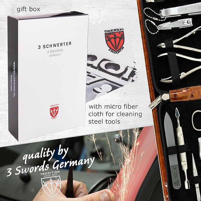 3 Swords Germany - brand quality 12 piece manicure pedicure grooming kit set for professional finger & toe nail care with cognac synthetic leather case - Made in Germany