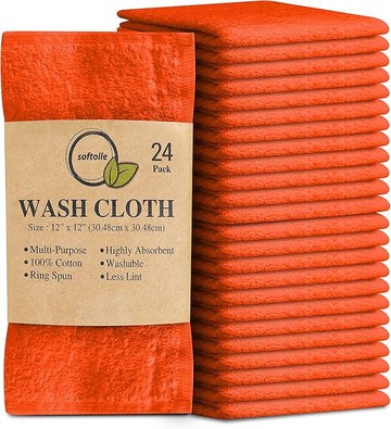 Softolle 100% Cotton Washcloths 24 Pack (12x12 Inches) Soft, Highly Absorbent Washcloth, Face Towels, Wash Cloths for Face, Ring Spun, Bulk Pack (Orange, 24 Pack)