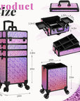 Profesional Rolling Makeup Train Case with Lid, 5 in 1 Cosmetology Case on Wheels, Large Cosmetic Trolley Organizer Travel for Hairstylist Artist Nail Beauty Salon Barber, Gravel Pink