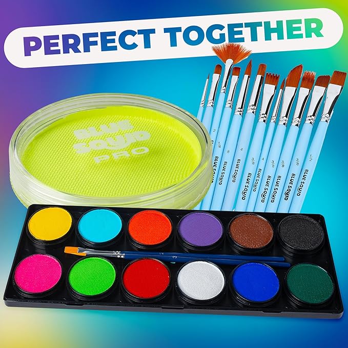 Blue Squid Face Paint Water Based Single Cake Professional Face Paint & Body Paint - Water Activated, Kids Adults Face Painting for Costume, Halloween Makeup, Cosplay - UV Pastel Yellow Face Paint 30g