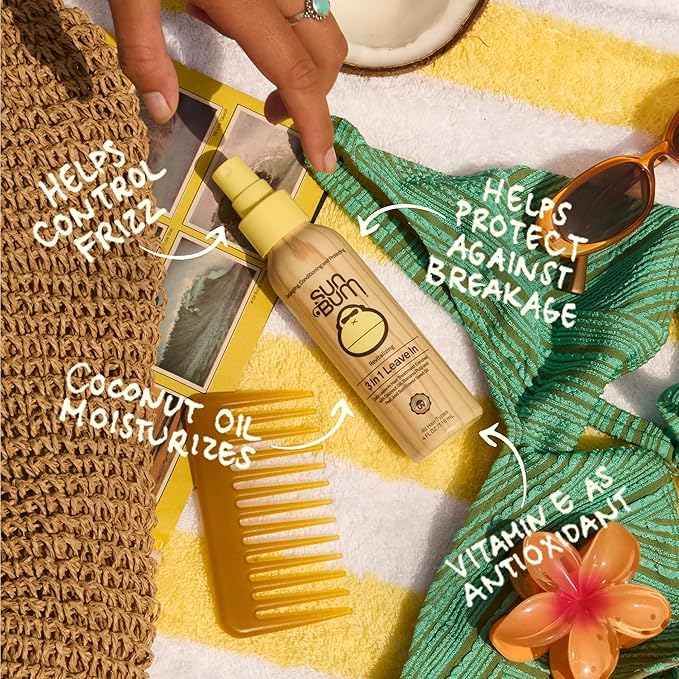 Sun Bum Revitalizing 3 in 1 Leave In Conditioner - Anti Frizz Detangler - Color Friendly with UV Protection - Enriched with Coconut Oil and Banana - 1.5 oz (Pack of 3)