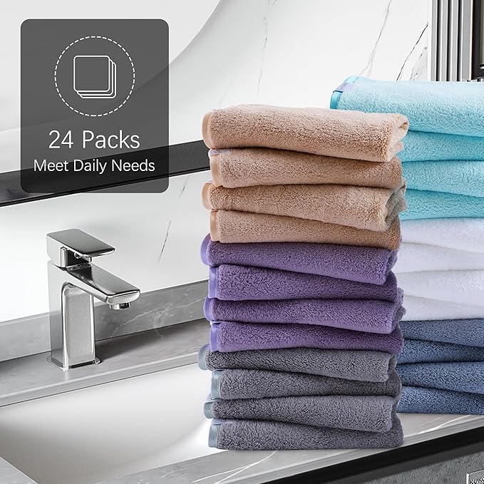 Cosy Family 24 Pack Soft Washcloths Set - 12 x 12 inches, Quick Drying - Highly Absorbent Coral Velvet Fingertip Towel Bathroom Wash Clothes for Bath, Spa, Facial, Kitchen - Warm Color