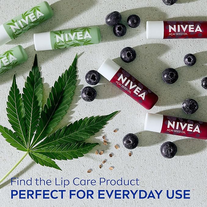 NIVEA Vegan Lip Care Variety Pack, Acai Seed Oil and Hemp Seed Oil with Shea Butter Lip Balm Sticks, 0.17 Oz Stick, Pack of 4