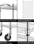 Finnhomy 3 Tier Heavy Duty Commercial Grade Utility Cart, Wire Rolling Cart with Pushing Handle Bar, Steel Metal Kitchen Service Trolly with Wheels, Shelf Size 18" D x 36" W, NSF, Chrome