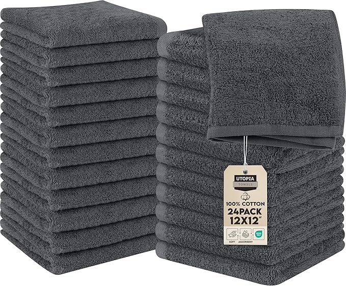 Utopia Towels 24 Pack Cotton Washcloths Set, 100% Ring Spun Cotton, Premium Quality Flannel Face Cloths, Highly Absorbent and Soft Feel Fingertip Towels, Grey