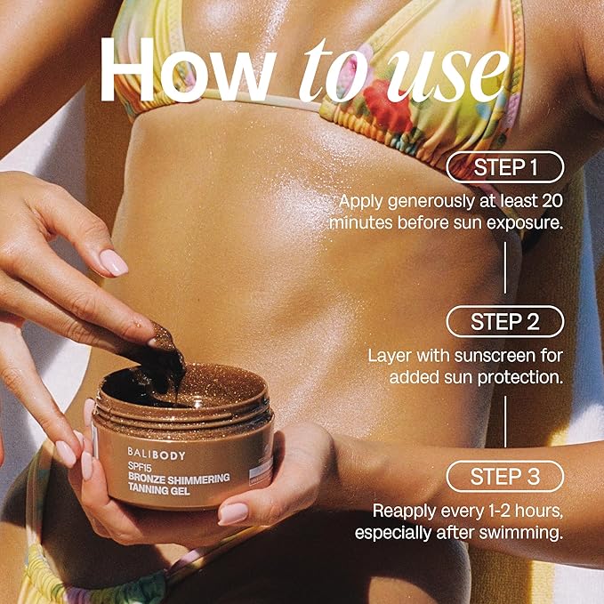 Bali Body Bronze Shimmering Tanning Gel SPF 15 – Sun-Kissed Glow with Coconut Scent, Carrot Root & Vitamin E – Organic Bronzer & Shimmer Sunscreen for Quick Tan, Hydration & Even Skin Tone