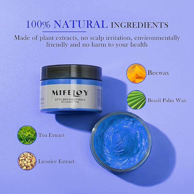 Temporary Blue Hair Color Wax 4.23 oz, Instant Natural Hairstyle Cream Dye, Disposable Coloring Mud for Men Women Youth, Washable Styling Pomades, Party Cosplay DIY Halloween