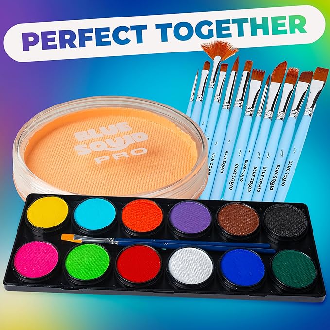 Blue Squid Face Paint Water Based Single Cake Professional Face Paint & Body Paint - Water Activated, Kids Adults Face Painting for Costume, Halloween Makeup, Cosplay - UV Pastel Orange Face Paint 30g