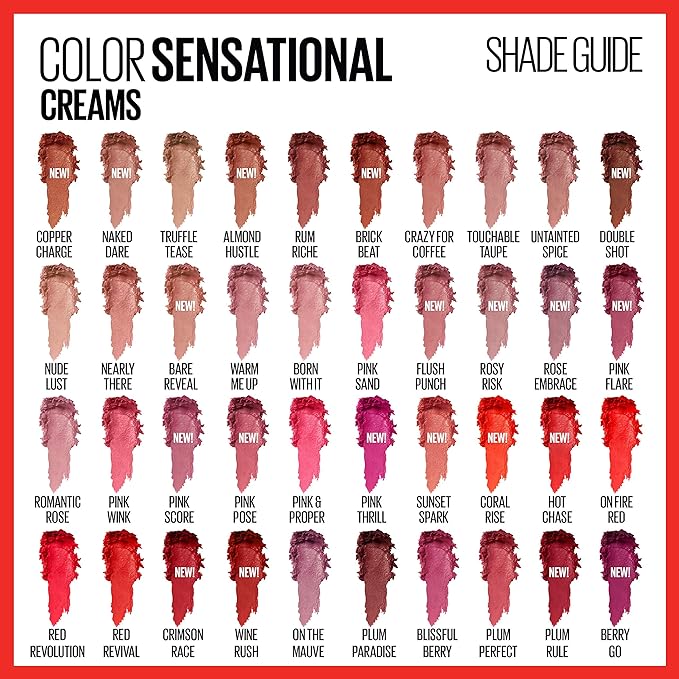 Maybelline Color Sensational Lipstick, Lip Makeup, Cream Finish, Hydrating Lipstick, Nude, Pink, Red, Plum Lip Color, Rosy Risk, 0.15 oz; (Packaging May Vary)