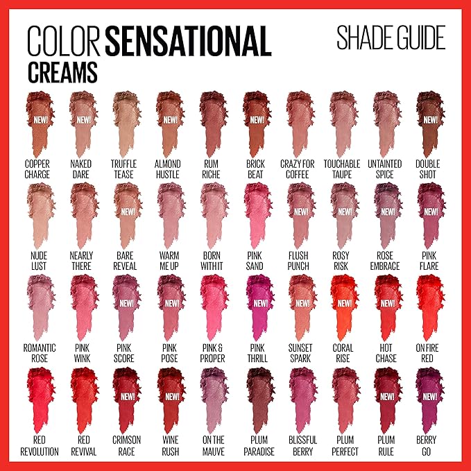 Maybelline Color Sensational Lipstick, Lip Makeup, Cream Finish, Hydrating Lipstick, Nude, Pink, Red, Plum Lip Color, Bare Reveal, 0.15 oz; (Packaging May Vary)