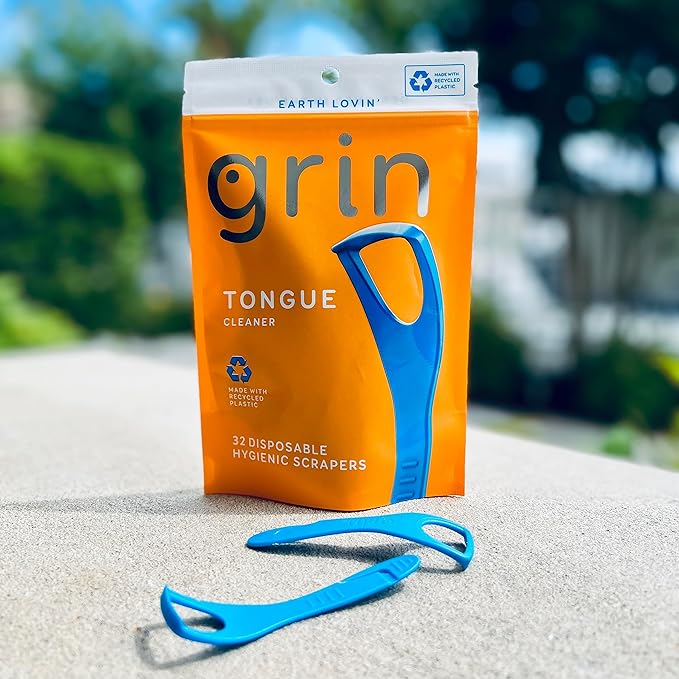 GRIN Tongue Cleaner, 32 Count, Disposable Tongue Cleaner, Hygienic Scraper, Recycled Plastic, Clean Tongue, Promote Fresh Breath, Includes Safe Fold- Back Tooth Pick (Pack of 3)