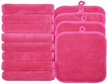 Makeup Remover Cloths for Face, Eye, Lips - Reusable Makeup Remover Pads Soft Microfiber Facial Cleansing Cloths 8 x 8 inch 12 Pack (Dark Pink)