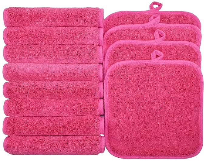 Makeup Remover Cloths for Face, Eye, Lips - Reusable Makeup Remover Pads Soft Microfiber Facial Cleansing Cloths 8 x 8 inch 12 Pack (Dark Pink)