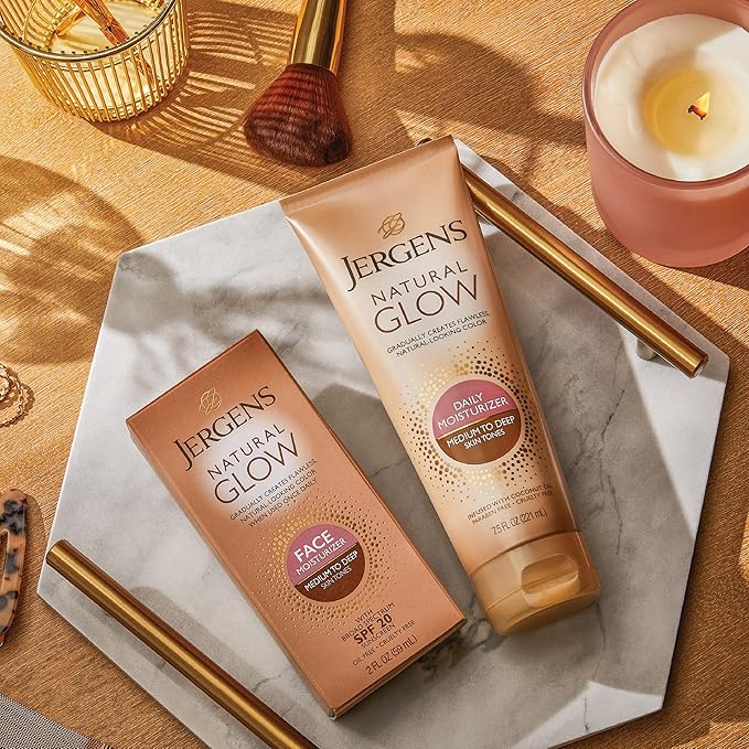 Jergens Natural Glow Self Tanner Face Moisturizer with SPF 20 Facial Sunscreen, Medium to Deep Skin Tone, Sunless Tanning, Oil Free, Broad Spectrum Protection UVA and UVB, 2 oz (Packaging May Vary)