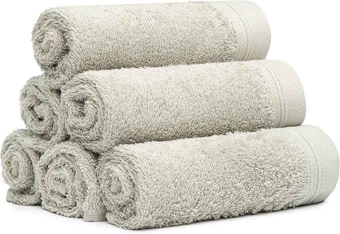 100% Cotton Washcloths Set 13” x 13” | Silver Towels | Set of 6 Ultra Soft and Highly Absorbent Washcloths Sets for Bathroom, Gym, Spa | Machine Washable Face Towel