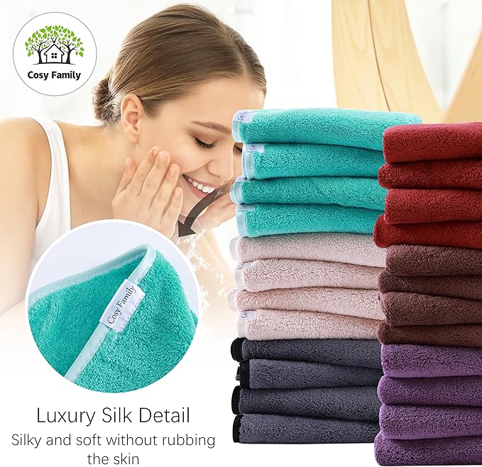 Cosy Family 24 Pack Soft Washcloths Set - 12 x 12 inches, Quick Drying - Highly Absorbent Coral Velvet Fingertip Towel Bathroom Wash Clothes for Bath, Spa, Facial, Kitchen - Dark Color