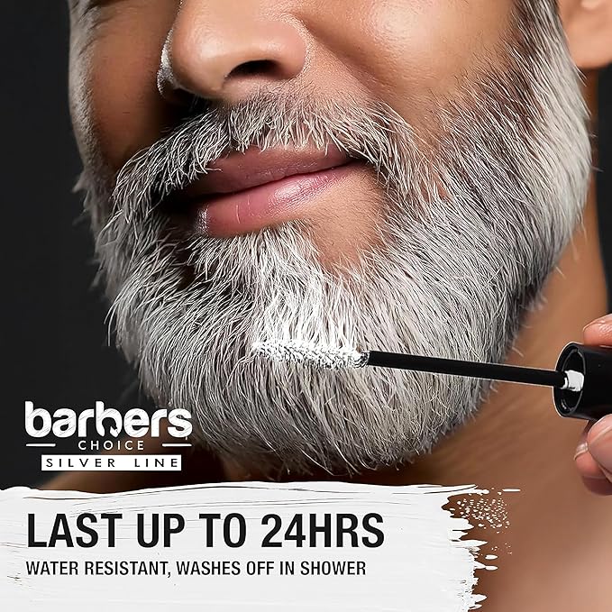 Barbers Choice Silver Line, Facial Hair Brush on Temporary Color for Silver Fox Men- Instantly Brighten White Beards, Mustache & Sideburns, Less Yellow, Easy Application, Arctic White