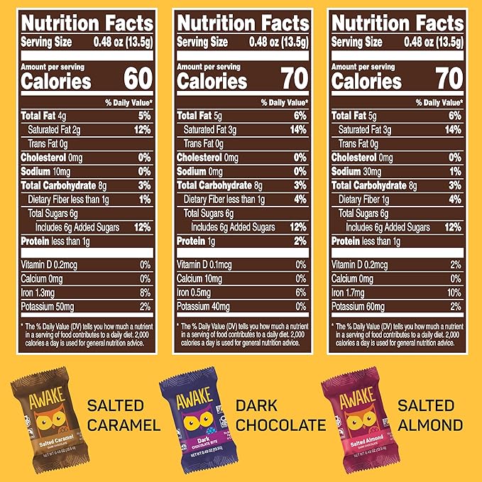 AWAKE - Caffeinated Chocolate Bites - Dark Chocolate Variety Pack (3 Flavors), 50 Bites - Dark, Salted Almond, & Salted Caramel - 50mg Caffeine - Coffee Alternative - Fairtrade, Gluten Free - 0.48oz