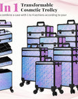 Profesional Rolling Makeup Train Case with Lid, 5 in 1 Cosmetology Case on Wheels, Large Cosmetic Trolley Organizer Travel for Hairstylist Artist Nail Beauty Salon Barber, Gravel Purple