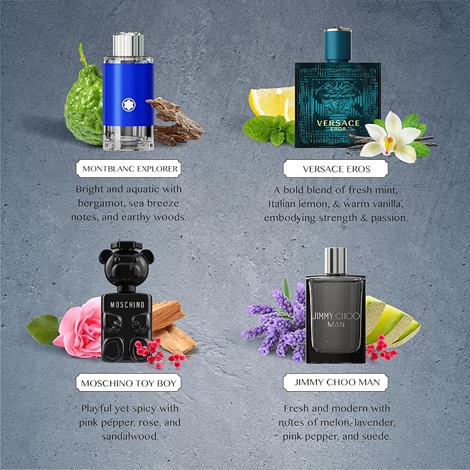 Mens Cologne Gift Sets Bundle Mini Bottle – Designer Mens Cologne Sampler Sets with Refillable Atomizer – Box Includes Versace, Moschino, Mont Blanc, Jimmy Choo Travel Size (0.17 Oz Each)