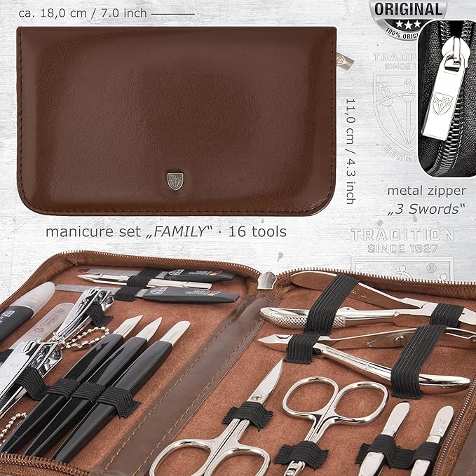 3 Swords Germany - brand quality 16 piece manicure pedicure grooming kit set for professional finger & toe nail care scissors clipper synthetic leather case, Made in Germany